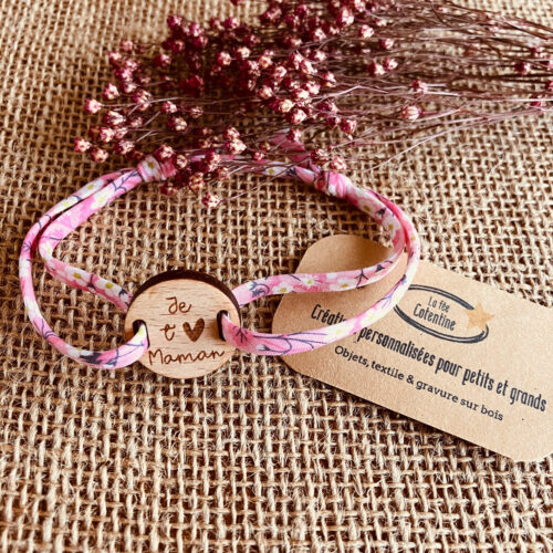 Bracelet bois & liberty - Je t'aime Maman