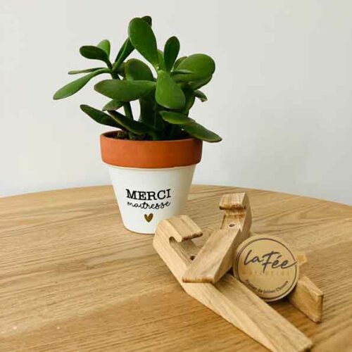 Pot de fleurs Merci Maitresse et son support en chêne